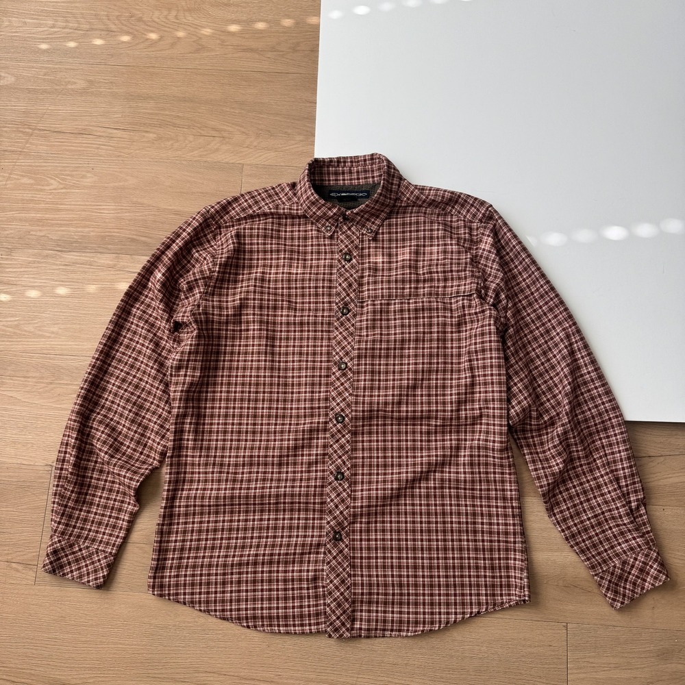 Y2K Mens Plaid Button Down Shirt Red Brown Lined Hiking Travel ExOfficio Medium